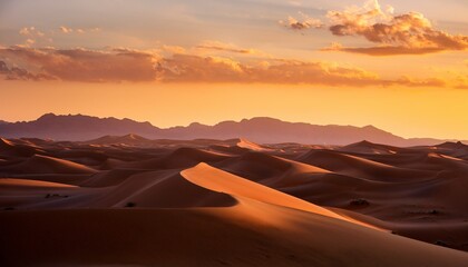 Naklejka premium vast desert landscape with rolling sand dunes under a clear sky at sunset illuminating distant mountains and scattered clouds