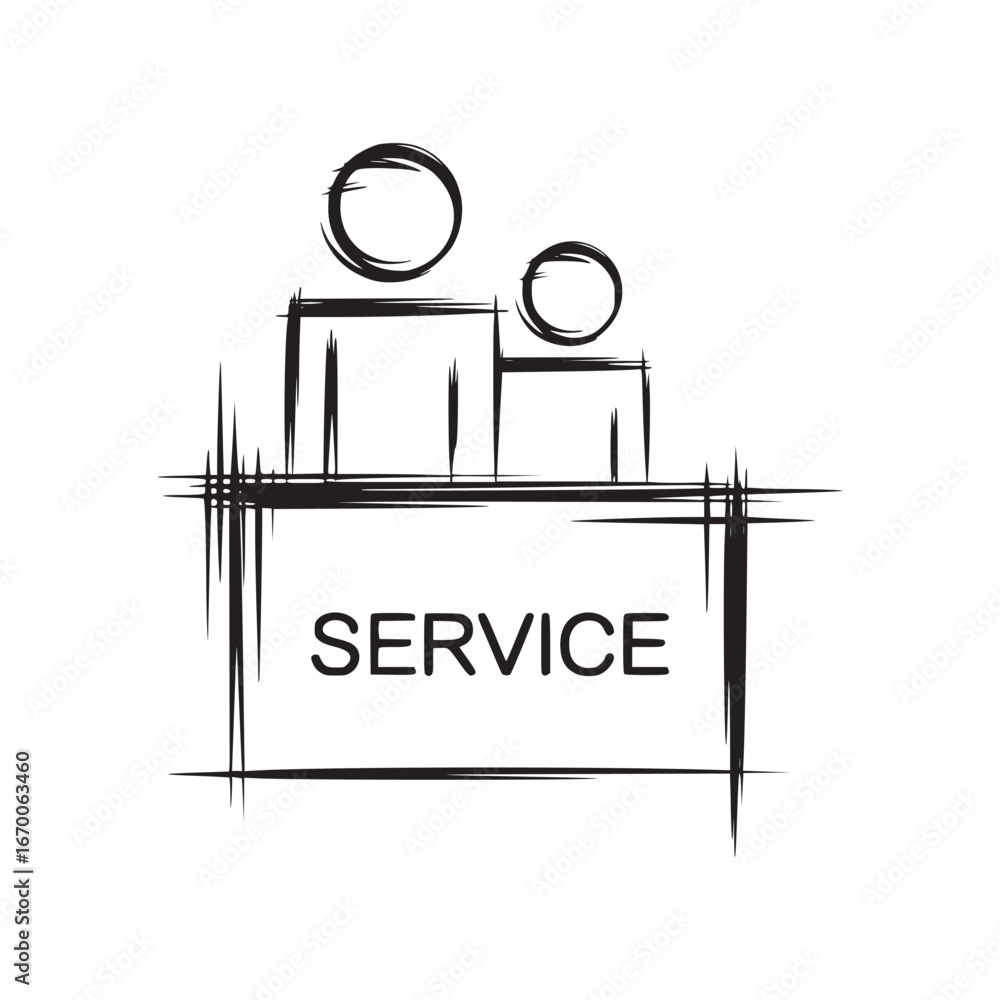 Poster abstract representation of service with two figures and the word service in a box design