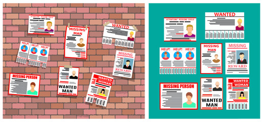 Missing people posters on a brick wall and a teal background. Flat vector set of wanted and missing person flyers for search concept design.