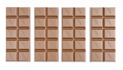 Four milk chocolate bars aligned on a white background, highlighting their smooth texture and rich color.