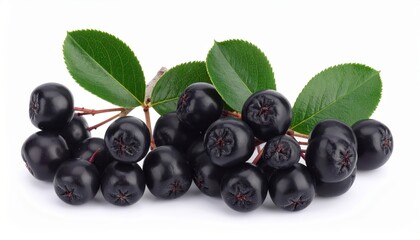 Fototapeta premium Close-up of fresh black aronia berries with green leaves, perfect for healthy eating and natural food themes.
