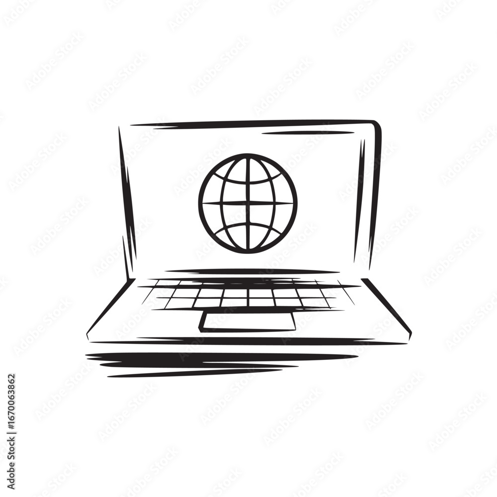 Poster a sketch of a laptop with a globe on the screen representing global connectivity and technology use