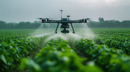 A drone sprays crops in a lush green field, showcasing modern agricultural technology in action.