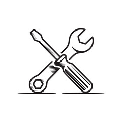 A line drawing of a wrench and screwdriver crossed on a white background with a horizontal line below