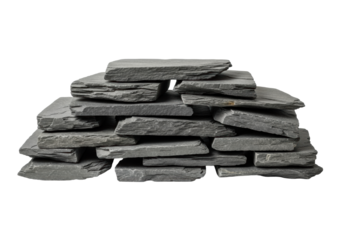 Neatly arranged pile of dark grey, irregularly shaped natural slate tiles on a pristine transparent background, highlighting rugged textures and jagged edges, natural material concept