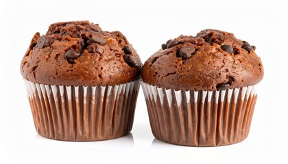Two chocolate muffins topped with chocolate chips, isolated on a white background. Ideal for bakery, dessert, and food-related projects.