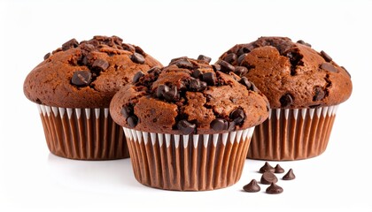 Three chocolate muffins with chocolate chips, isolated on a white background, ideal for bakery and dessert-themed projects.