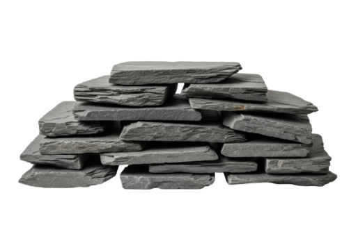 Neatly arranged pile of dark grey, irregularly shaped natural slate tiles on a pristine transparent background, highlighting rugged textures and jagged edges, natural material concept