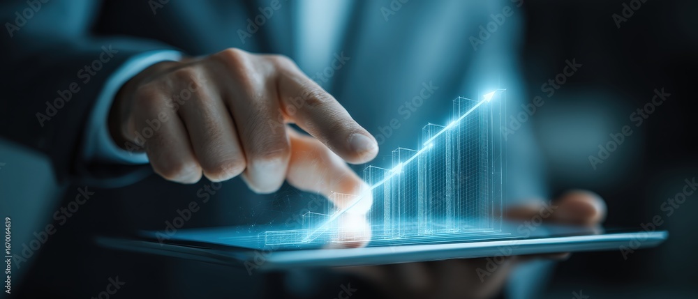 Poster a business professional interacts with a digital tablet displaying a 3d graph, symbolizing data anal
