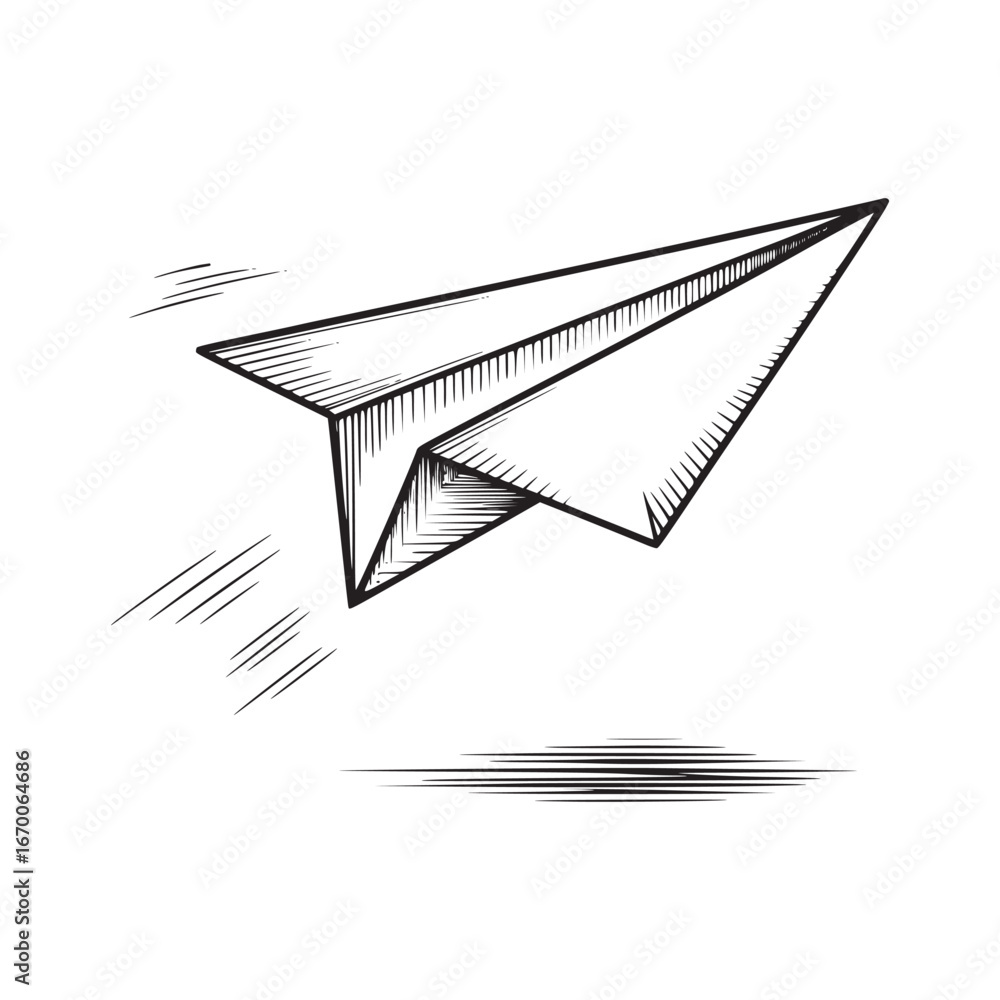 Poster a simple black and white sketch of a paper airplane flying with motion lines and shadow below it