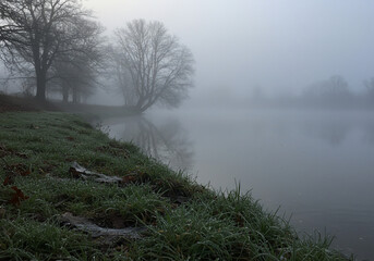 A serene landscape featuring a misty lake with trees along the bank, their reflections visible in the calm water under a heavy fog.