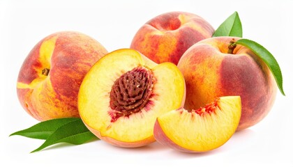 Close-up of ripe peaches with leaves, showcasing vibrant colors and natural texture on a white background.