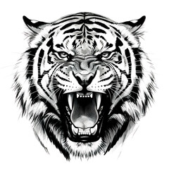 An enraged tiger with mouth agape. A fierce and detailed sketch. wild animals.