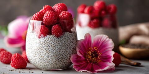 Delicious raspberry chia seed pudding served in glass bowls with a flower decoration on a table setting