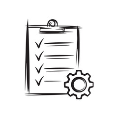 A checklist on a clipboard with checkmarks and lines next to a gear, all in black and white graphic