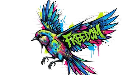 Obraz premium Colorful Graffiti Bird in Flight Symbolizing Freedom.