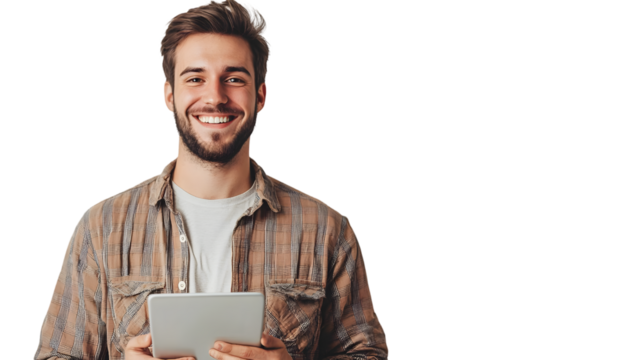 young handsome american man happy face smiling use tablet isolated on a transparent background