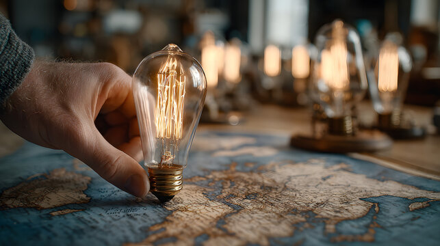 Hand places glowing light bulb on map, symbolizing ieas and innovation. scene onveys creativity and straegic planning, with multipe lit bulbs illuminating wrkspace