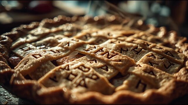 Freshly baked apple pie with golden crust featuring mathematical symbols carved into lattice design creating unique blend of food art education and creativity