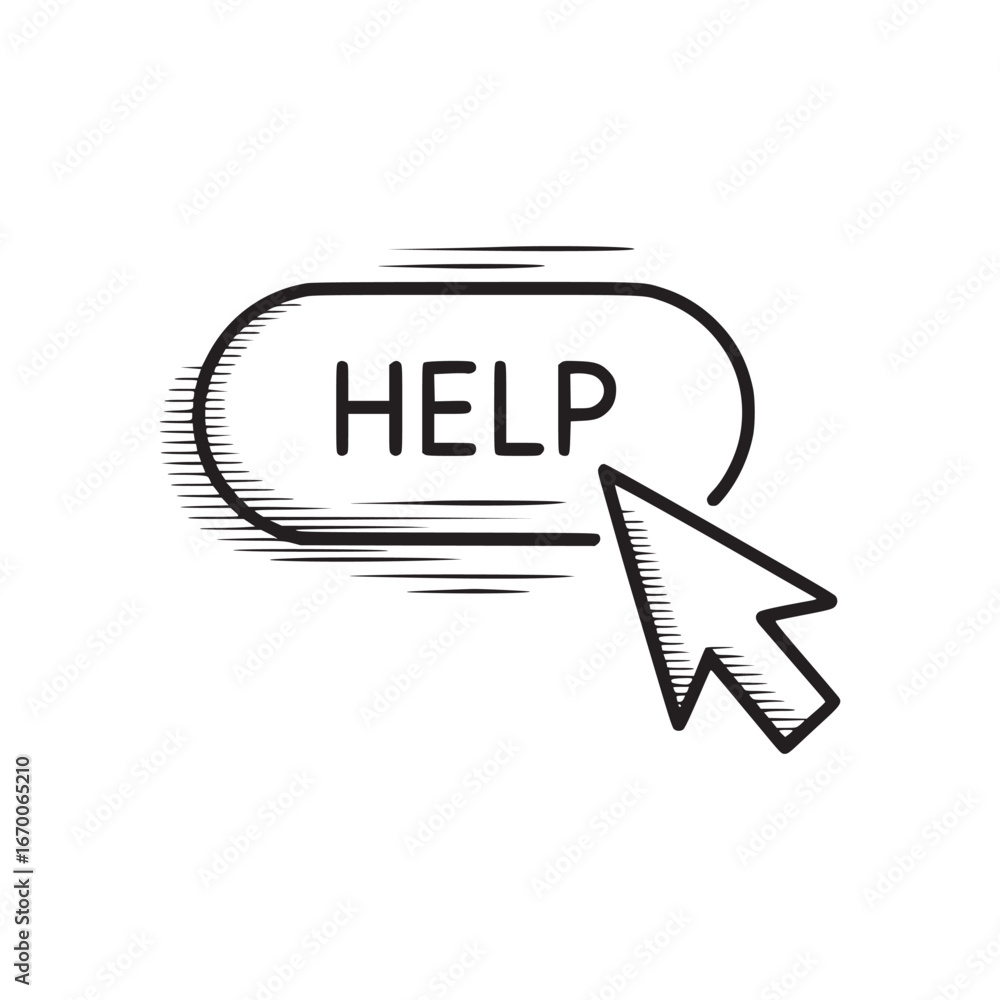 Poster a stylized help button with a cursor pointing towards it in a black and white illustration