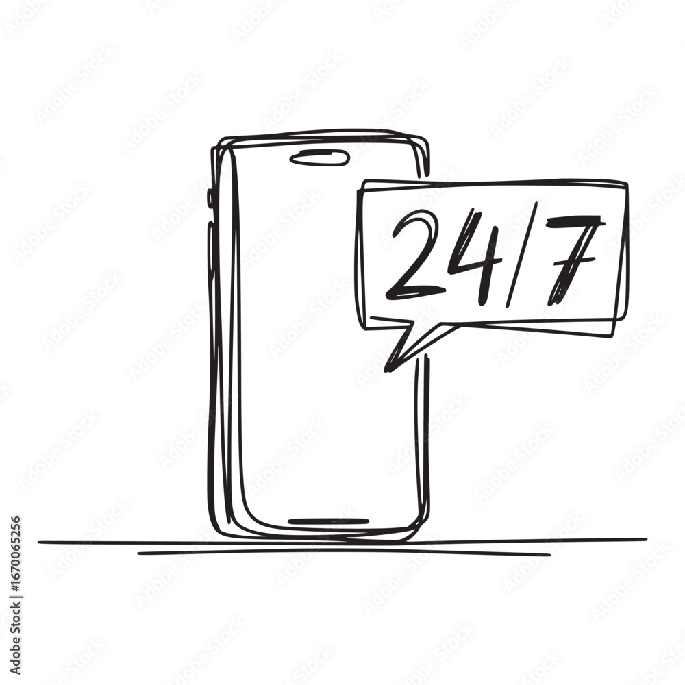 Poster sketch of a smartphone with a speech bubble displaying twenty four seven availability next to it