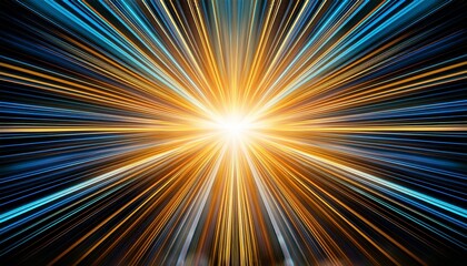 the image displays a bright central burst of radiant light emanating from a focal point with streaks of light in shades of golden yellow and cool blue extending outward