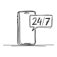 Sketch of a smartphone with a speech bubble displaying twenty four seven availability next to it