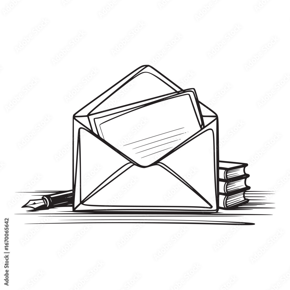 Poster illustration of an open envelope with a letter inside next to a pen and a stack of books in black an