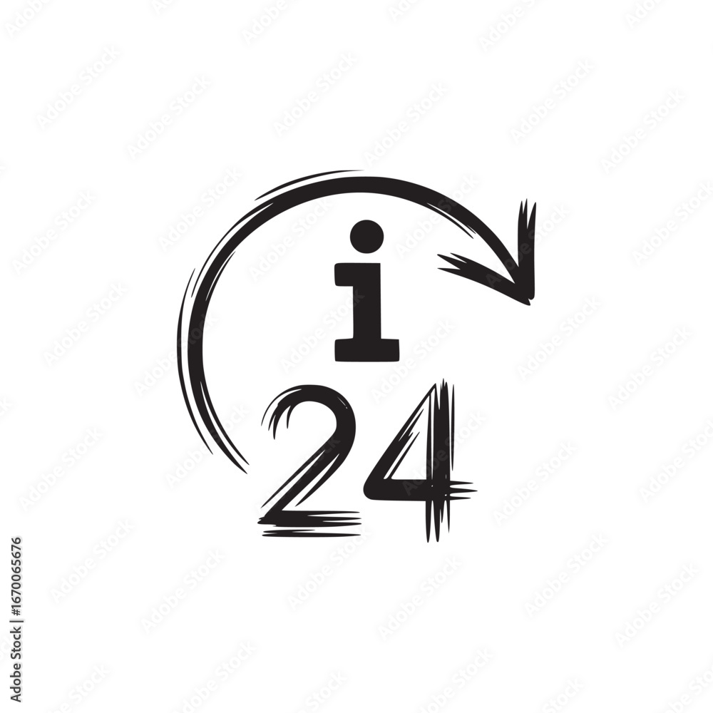 Poster illustration of information icon with twenty four and arrow in a circular shape in black and white