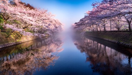 misty cherry blossom tunnel with reflections in the water and soft ambient light