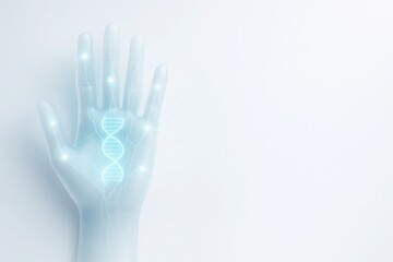 Fototapeta premium Transparent glass-like hand with visible vein patterns and glowing biometric scan points on clean white background with copy space symbolizing patient authentication