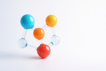 Obraz premium Abstract 3D molecular model with colorful spheres and transparent connections on clean white background with copy space symbolizing medicine and pharmaceuticals