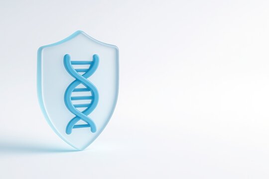 Transparent frosted glass shield with soft blue glow protecting stylized DNA icon on white background with copy space symbolizing healthcare data security