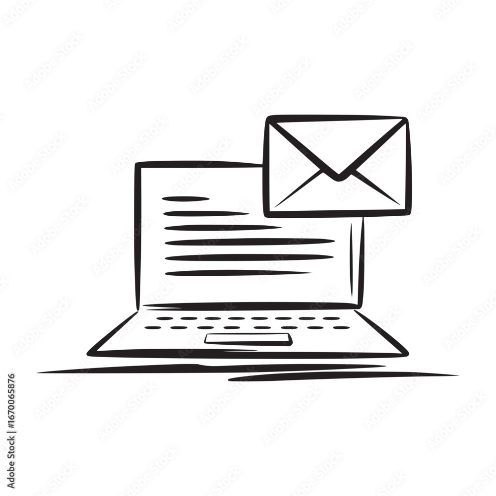 Poster sketch illustration of a laptop with horizontal lines on the screen and an envelope icon above