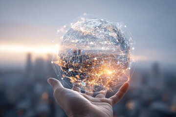 A hand holds a futuristic globe, symbolizing technology and connectivity, against a city skyline at sunset, showcasing innovation and global communication.