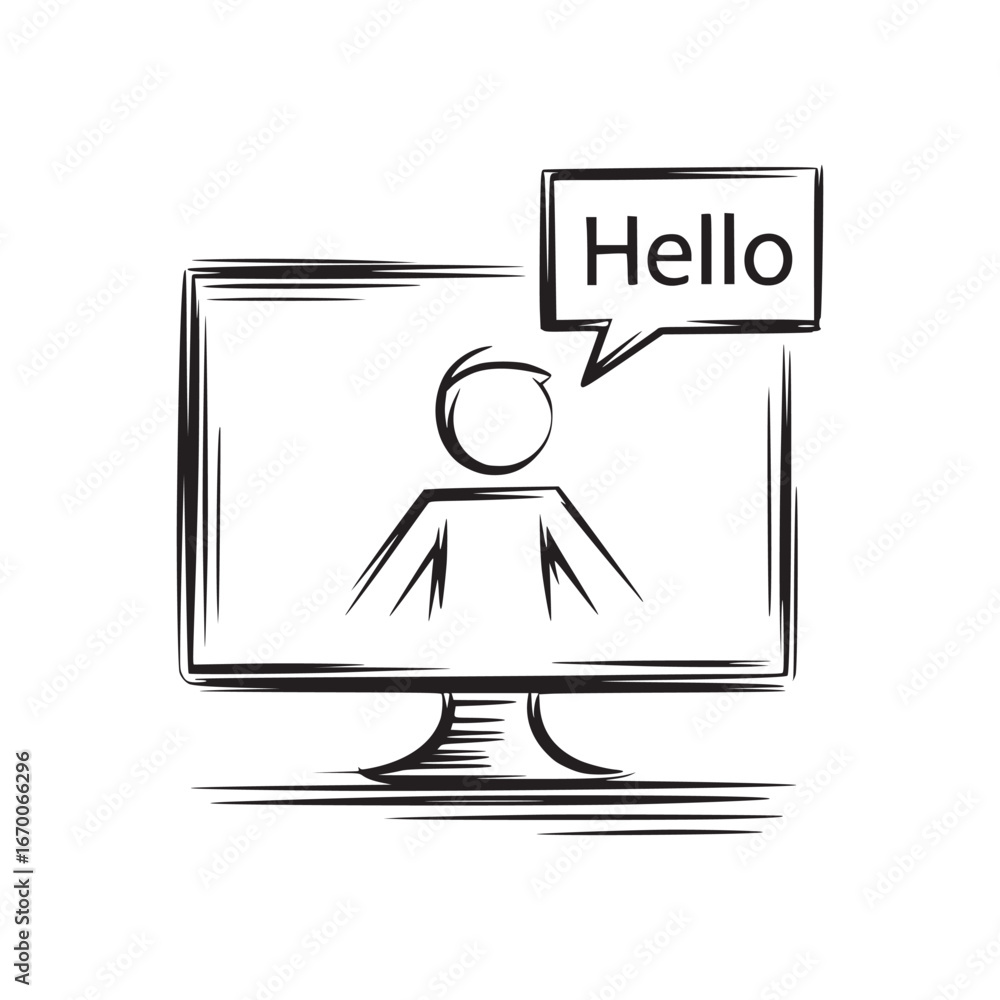 Poster a sketch of a person on a computer screen saying hello in a speech bubble on a white background
