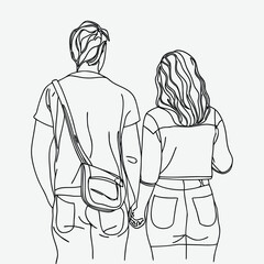 Man and woman standing back side together line art.