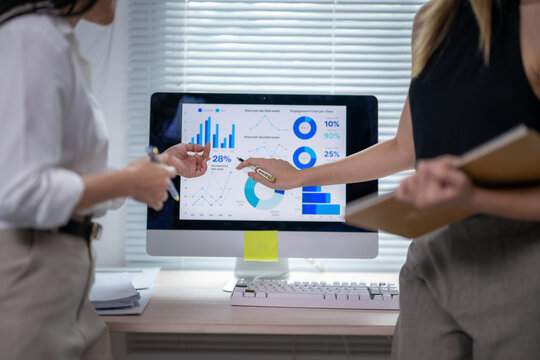 Businesswomen analyzing financial charts on computer screen