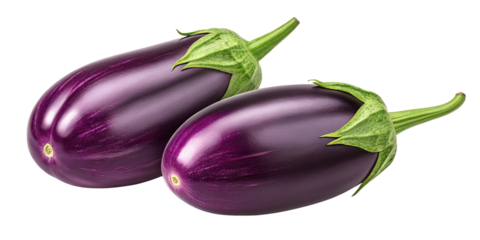 Two Fresh Eggplants (Aubergines) Isolated on Transparent Background
Glossy Deep Purple Eggplants with Green Stems, Cutout, No Background