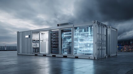 Data Center Inside Shipping Container with Server Racks and Network Connection