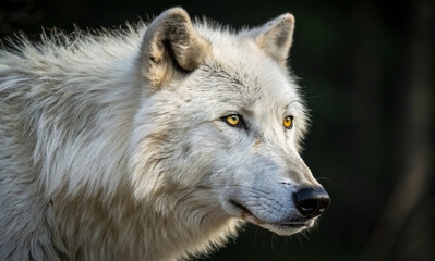 Obraz premium A close-up profile of a majestic white wolf with thick fur and piercing yellow eyes. The background is softly blurred, highlighting the wolf's attentive expression and elegant features.