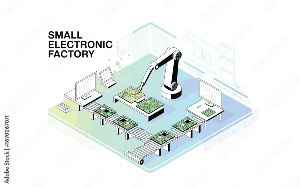 Poster automated electronics production: isometric view of a robotic arm assembling circuit boards on a con