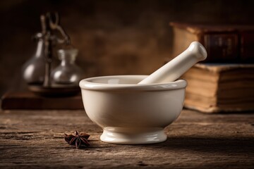 A vintage white mortar and pestle sits on a wooden table, surrounded by old books and glass bottles, evoking a sense of traditional apothecary practices.