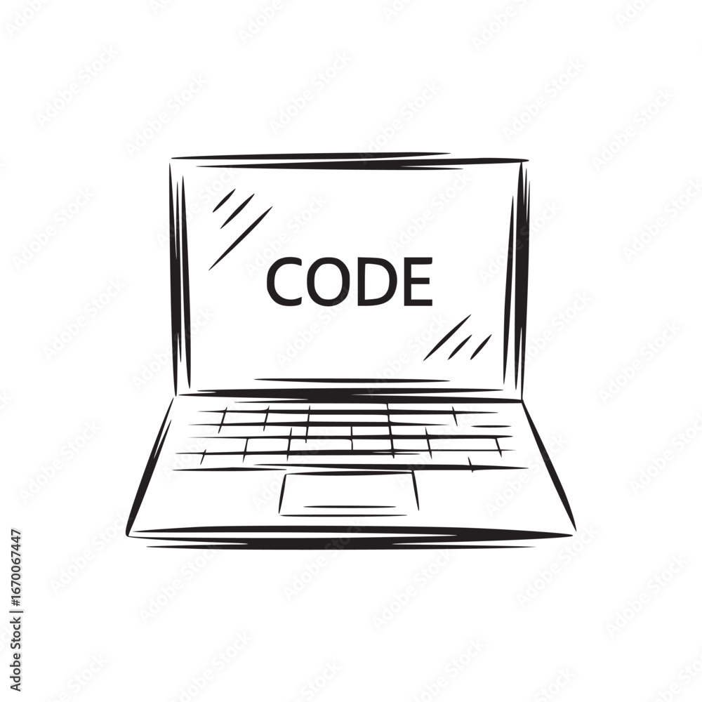 Aufkleber a simple black and white line drawing of a laptop with the word code displayed on the screen