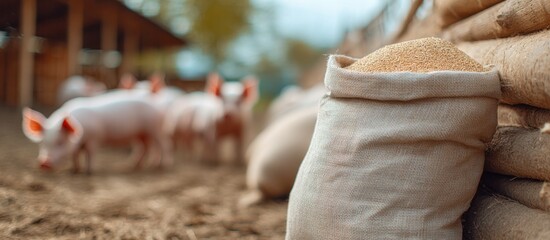 Pigs grazing in a farmyard near bags of feed during a sunny afternoon in rural countryside