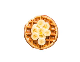 Pastel food flat lay: Belgian waffle with bananas