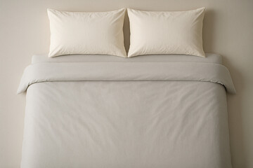 Minimalist Bedroom Still Life: Two Pillows on Duvet Cover, Neutral Tones.