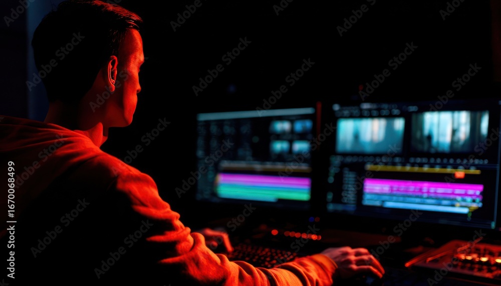 Fototapete man editing video at a computer with a colorful interface in a dark room, illuminated by the screen