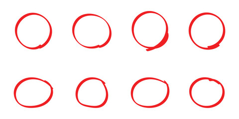 Red hand drawn doodle circle on isolated white background. 8 different shapes circle icon on white background. Isolated red line circle set. Vector isolated doodle icon set. EPS 10. 