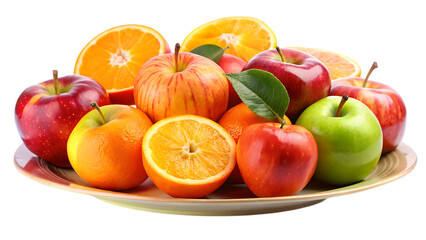 Plate of Fresh Fruit Including Apples and Oranges on Dining Table &ndash; Isolated on Transparent Background, PNG, AI Generated